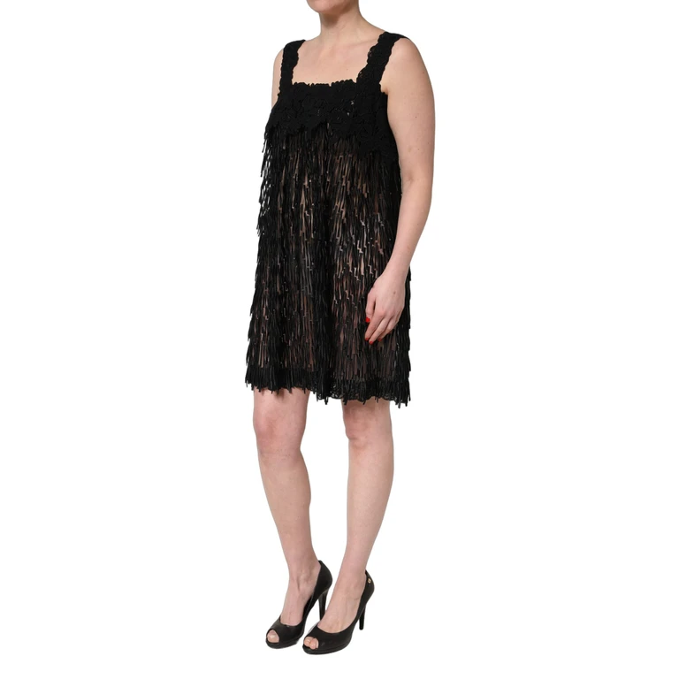 Black Viscose Fringed Sleeveless Mini Dress - Women
