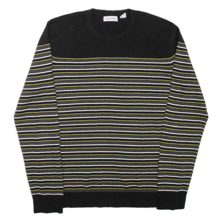 CALVIN KLEIN Mens Patterned Jumper Black Striped Tight Knit L