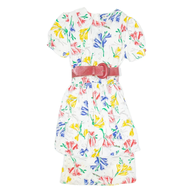 Womens Day Dress White Floral Short Sleeve Knee Length S