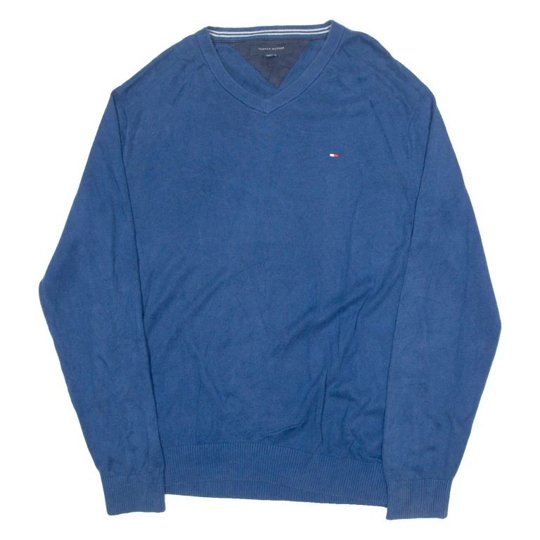 TOMMY HILFIGER Mens Jumper Blue V-Neck Tight Knit L