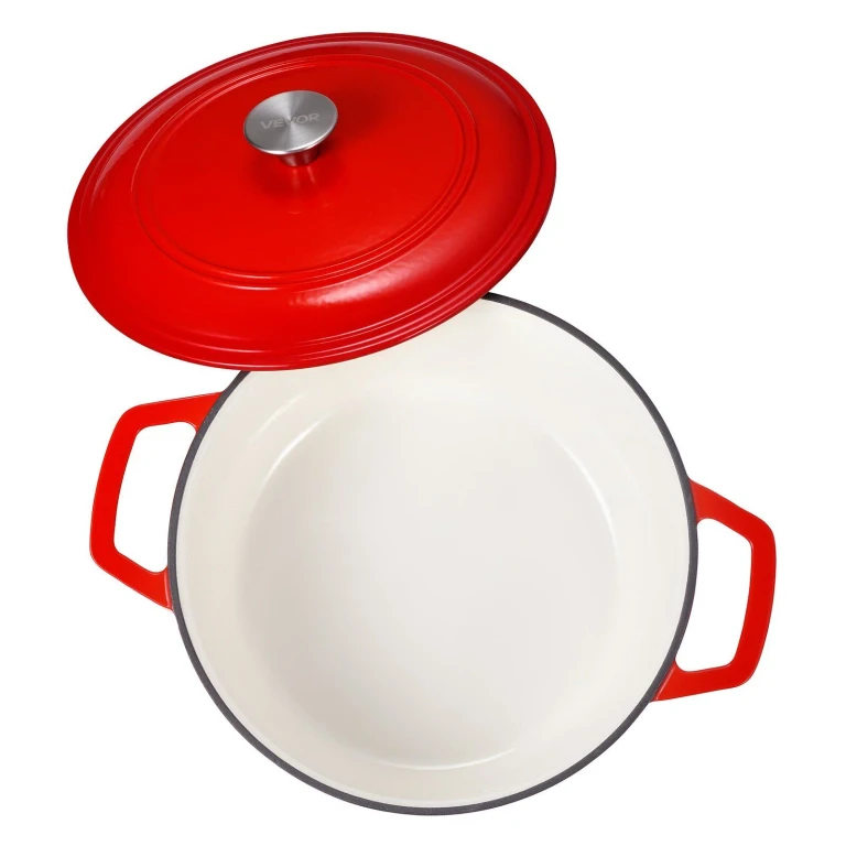 Enameled Cast Iron Dutch Oven, 6 Quart Pot with Lid and Dual Handles, Heavy-Duty Durable Cookware Pan, Oven Induction Compatible up to 500¬∞F, for Braising, Stews, Roasting, Bread Baking, Red - Red