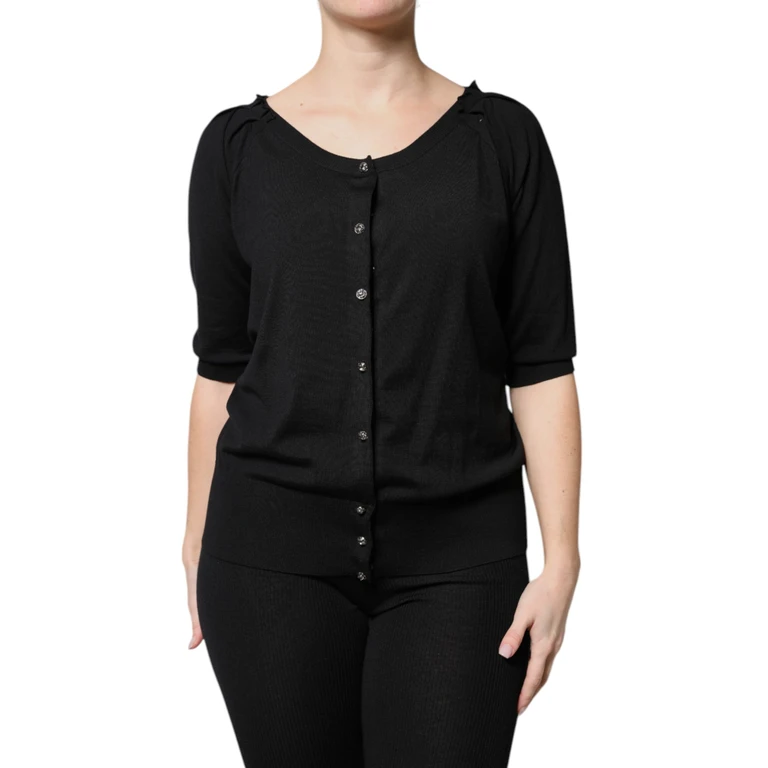 Black Button Down Short Sleeve Blouse Top Virgin Wool - Women