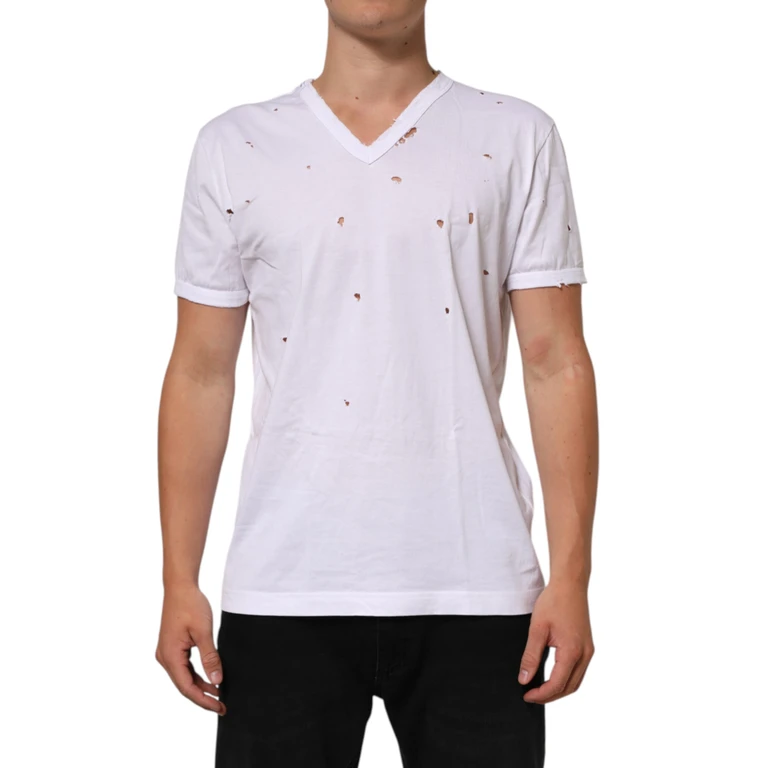 Dolce & Gabbana White Distressed Cotton V Neck Men T-Shirt - Men