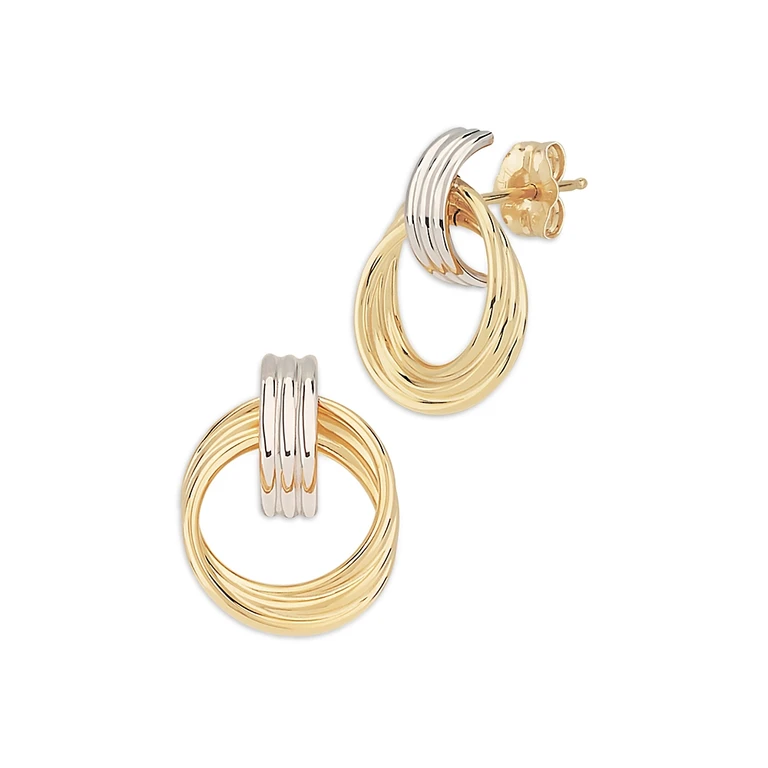 14K White & Yellow Gold Grooved Doorknocker Drop Earrings