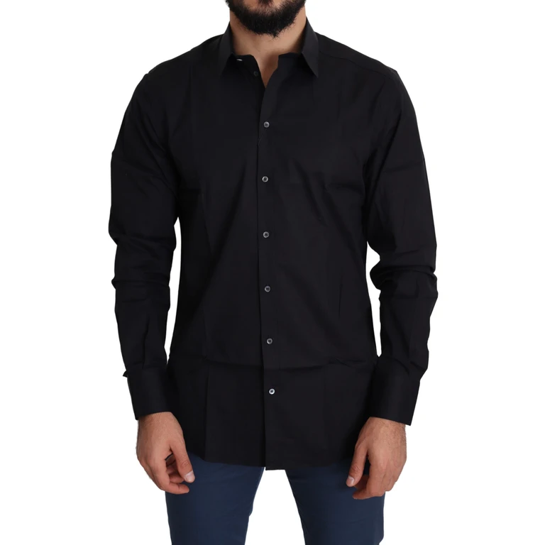 Dolce & Gabbana Black Cotton Stretch Formal Gold Dress Shirt Elastane - Men