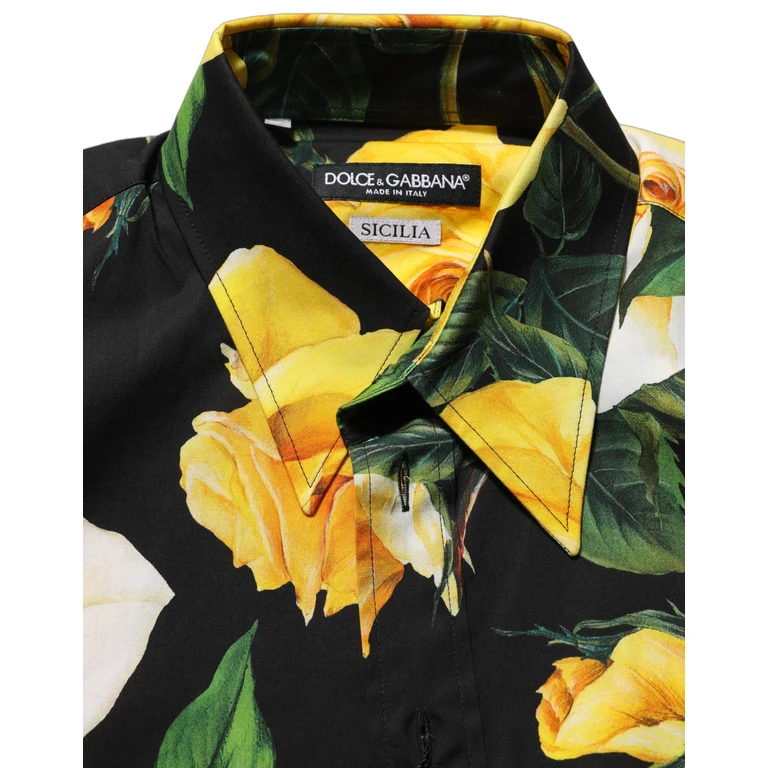 Dolce & Gabbana Black Floral Stretch Cotton Sicilia Fit Dress Shirt Elastane - Men