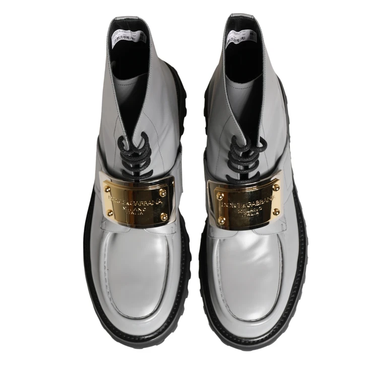 Dolce & Gabbana Gray Leather Logo Plaque Ankle Boots Shoes Spazzolato Matte - Men