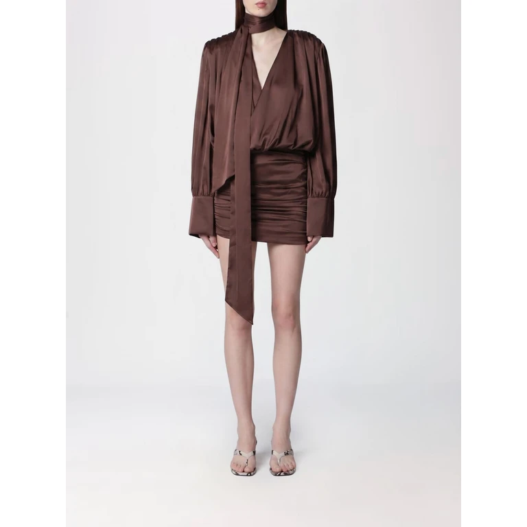 Recycled Satin Mini Shirtdress with Scarf Neck and Long Sleeves (1159082037)