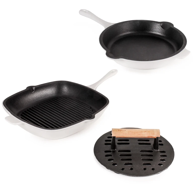 Neo 3pc Cast Iron Fry Pan & Grill Pan Set with Slotted Steak Press, White