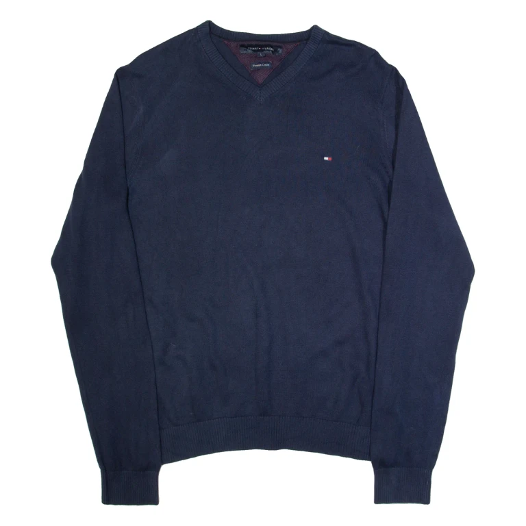 TOMMY HILFIGER Mens Jumper Blue V-Neck Tight Knit S