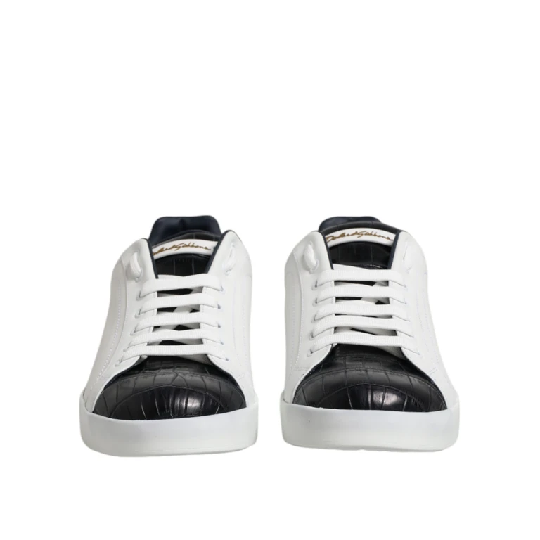 White Black Leather Portofino Sneaker Shoes Black/white Calfskin Crocodile - Men
