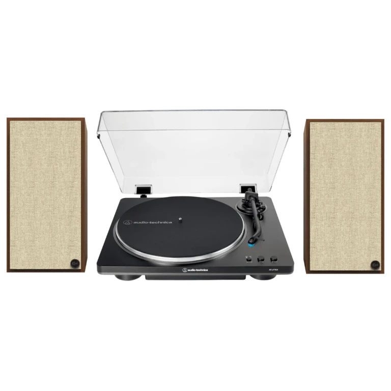 The Sevens Heritage Inspired Powered Speakers (Walnut) with Audio Technica LP70X Fully Automatic Belt-Drive Stereo Turntable (Bundle)