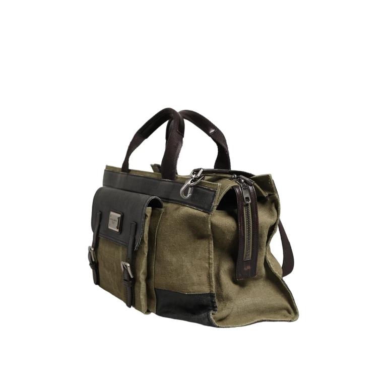 Military Green Two Tone Tote Duffel Shoulder Borse Bag Dark Leather - Men