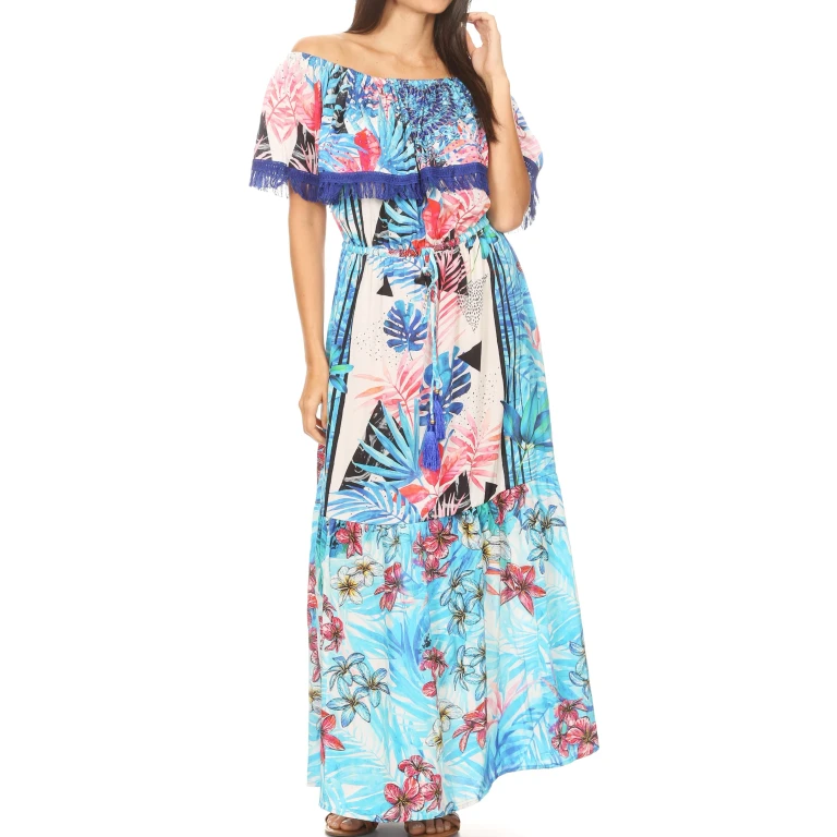 Sakkas Tara Women's Long Maxi Boho Off Shoulder Summer Casual Dress Floral Print