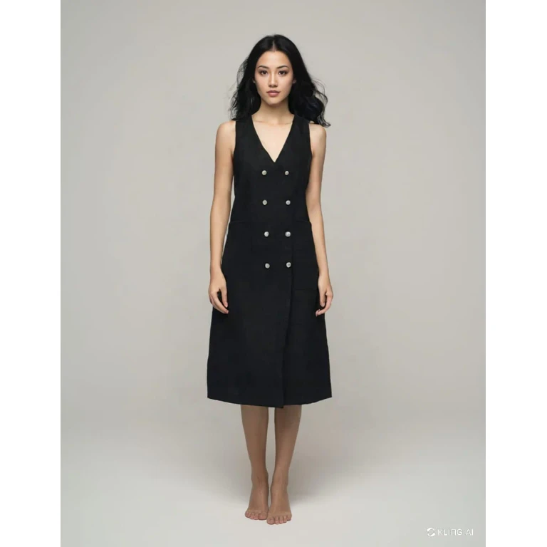 Women black linen dress - Button