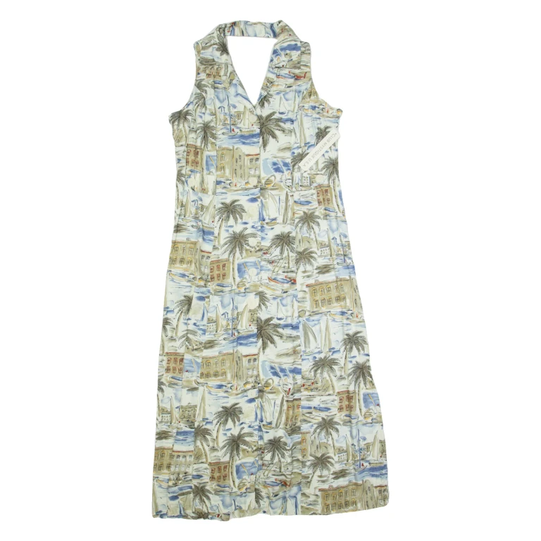 CLUB MYSTIQUE Womens Day Dress Cream 90s Crazy Pattern Sleeveless Long L