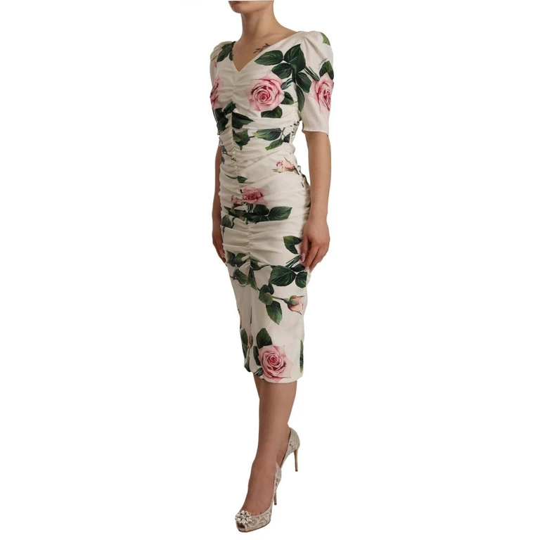 Dolce & Gabbana White Roses Print Stretch Silk Pleated Dress - Women