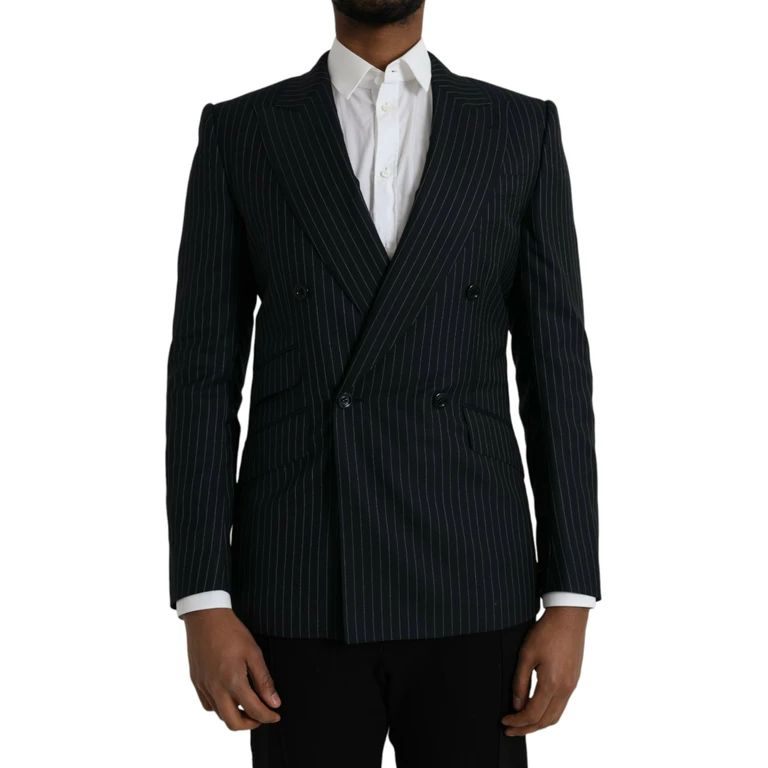 Dolce & Gabbana Black Stripe Sicilia Double Breasted Coat Blazer Virgin Wool Silk Clothing - Men