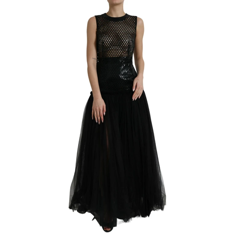 Dolce & Gabbana Black Sequined Sleeveless Mesh Layered Gown Dress Nylon Silk Elastane - Women