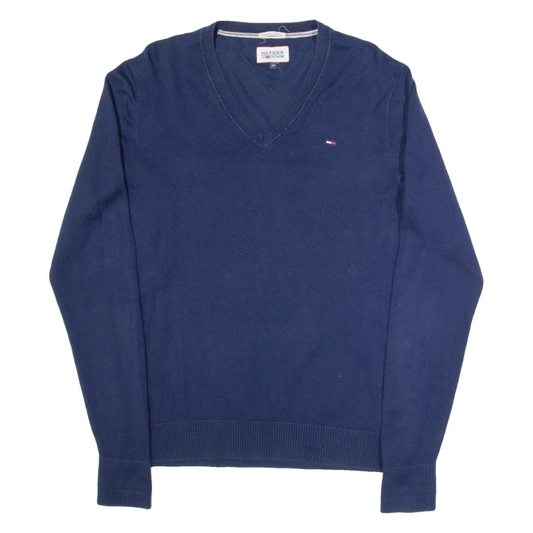TOMMY HILFIGER Mens Jumper Blue V-Neck Tight Knit M