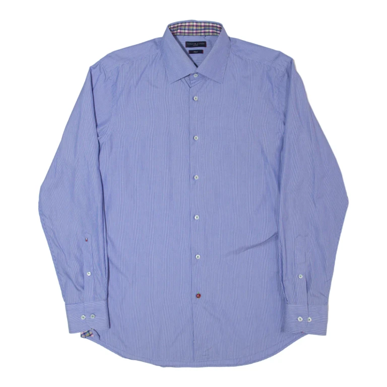 TOMMY HILFIGER Fitted Mens Shirt Blue Striped Long Sleeve L