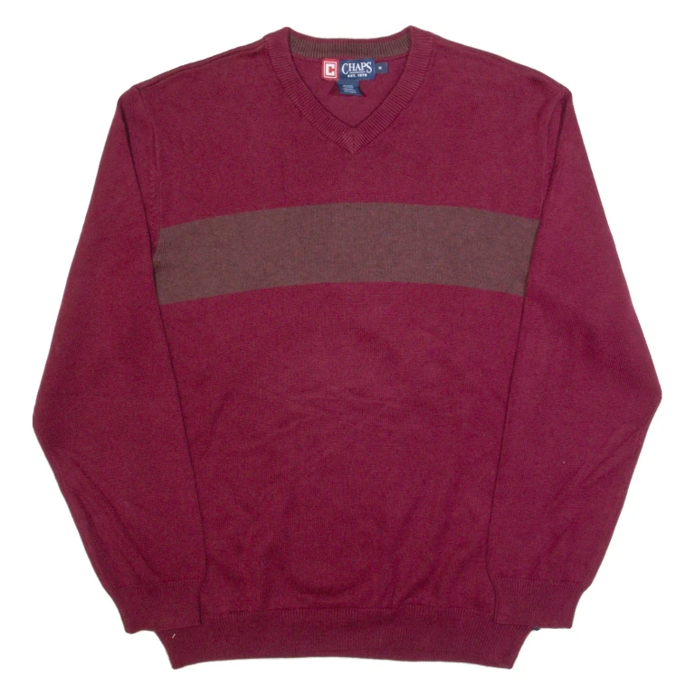 CHAPS Mens Jumper Maroon V-Neck Tight Knit M