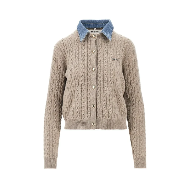 Cable knit cardigan with denim collar Woman 40