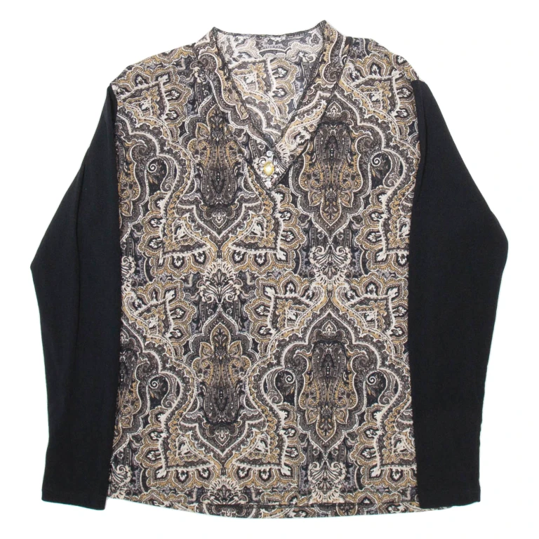 Womens Printed Blouse Brown V-Neck Long Sleeve Crazy Pattern M