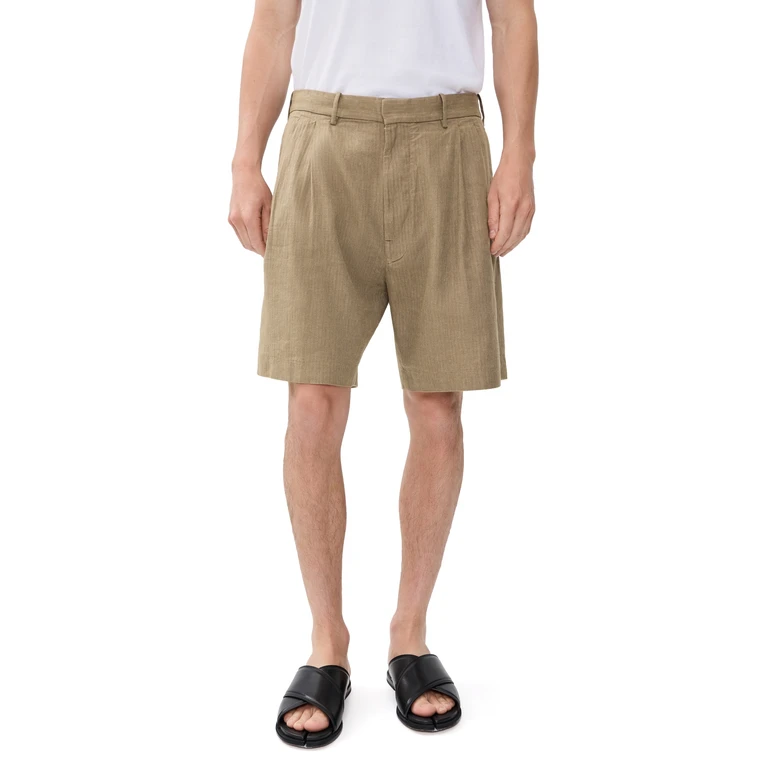 Madewell Herringbone Pleated Linen Shorts 8 Olive 30