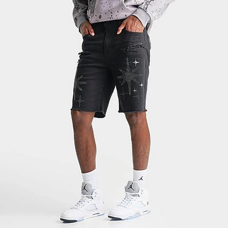 Smoke Rise Men's Rhinestone Denim Shorts in Black Size: 30