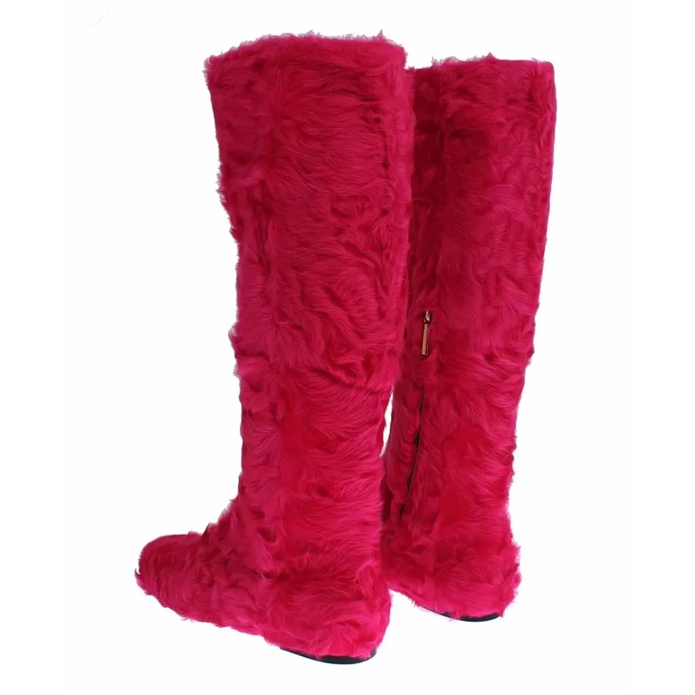 Dolce & Gabbana Pink Lamb Fur Leather Flat Boots Lambskin - Women