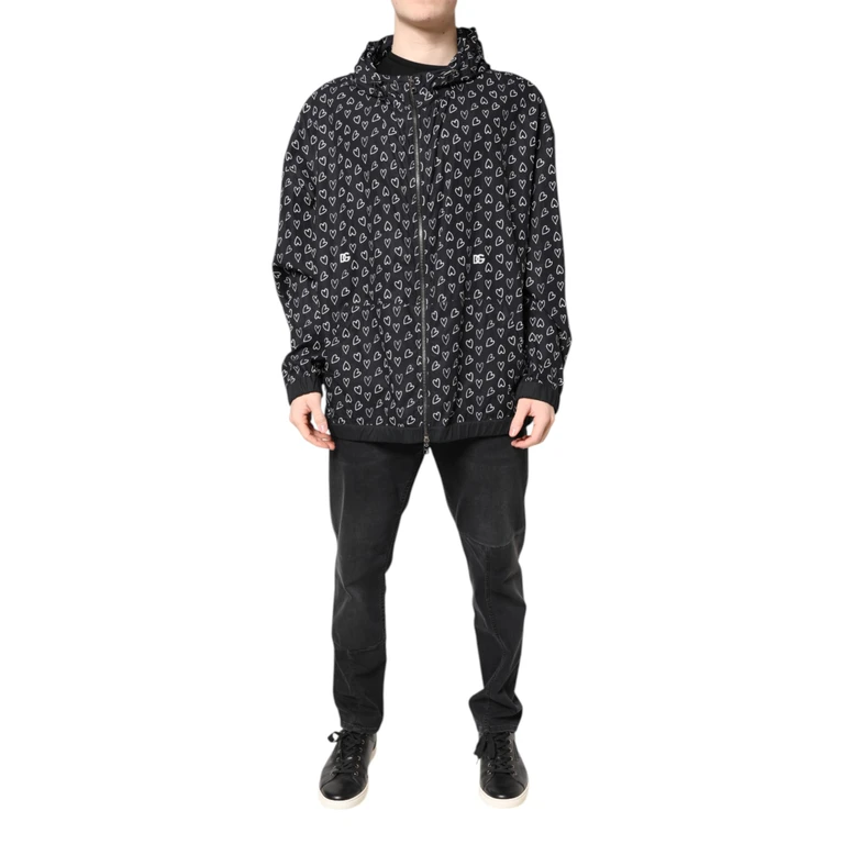 Dolce & Gabbana Black Heart Print Hooded Windbreaker Jacket Cotton Clothing - Men