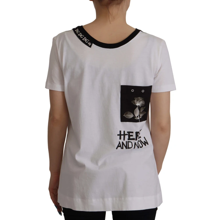 Dolce & Gabbana White Slogan Print Round Neck Cotton T-Shirt - Women