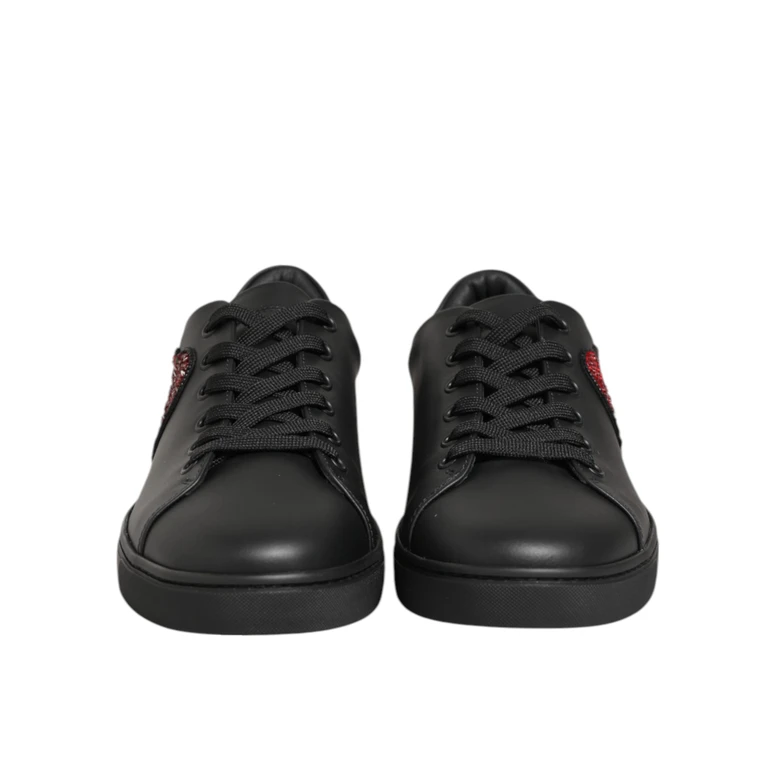 Dolce & Gabbana Black Leather Crystal Heart Sneakers Shoes Calf - Women