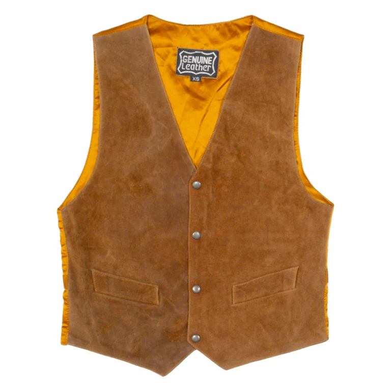Mens Biker Waistcoat Brown Leather Suede 90s XS