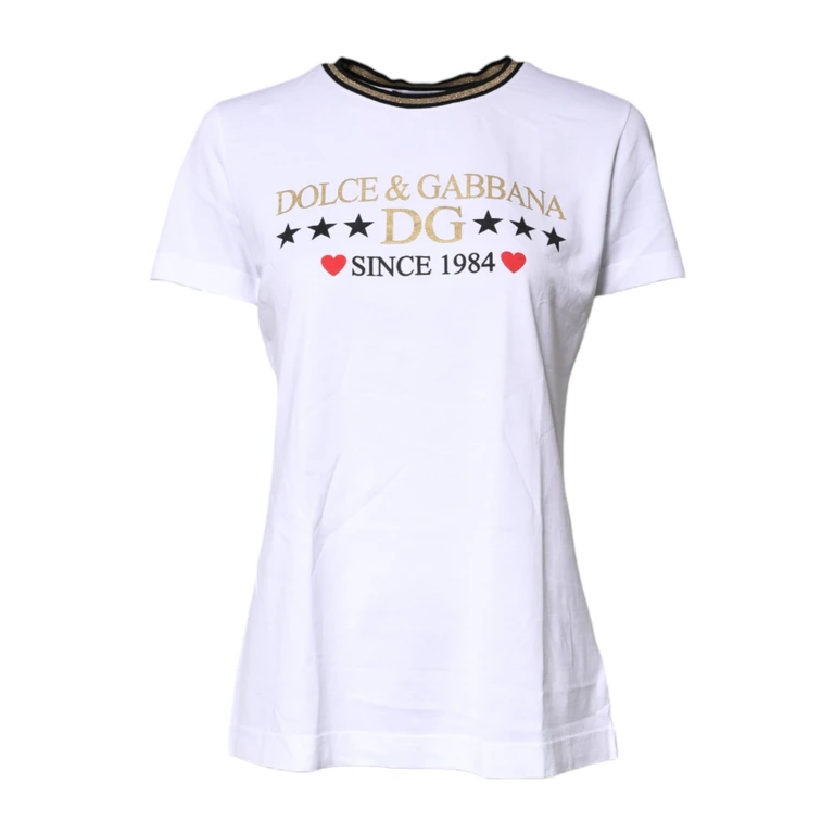 Dolce & Gabbana White Printed Round Neck Top Cotton T-Shirt - Women