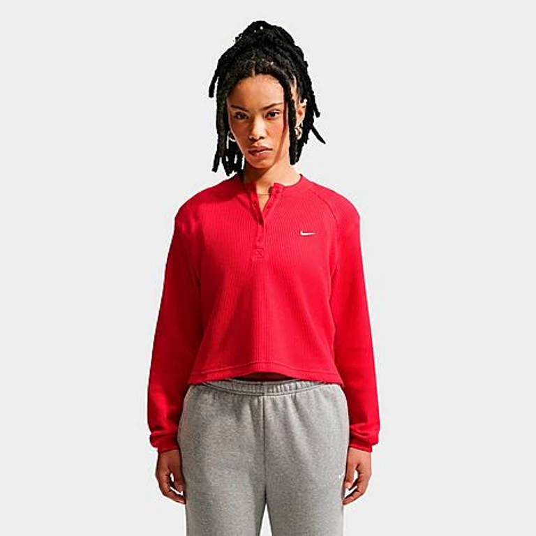 Nike Women's Sportswear Chill Waffle Oversized Long-Sleeve Henley Top in Light Crimson/Sail Size: XS