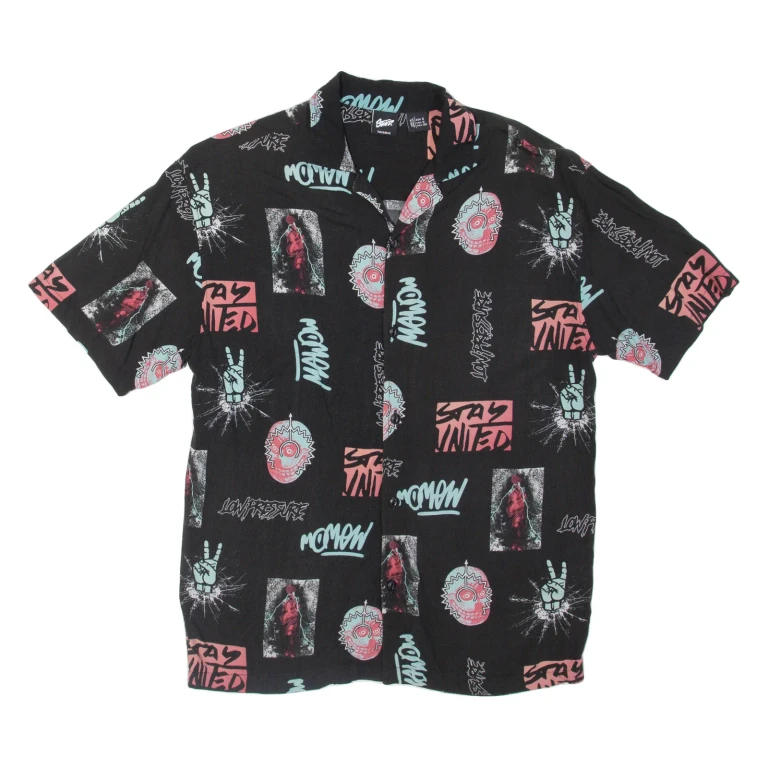 PULL & BEAR Mens Shirt Black Viscose Crazy Pattern S