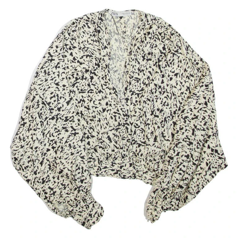 ZARA Womens Printed Blouse Beige V-Neck Long Sleeve XS