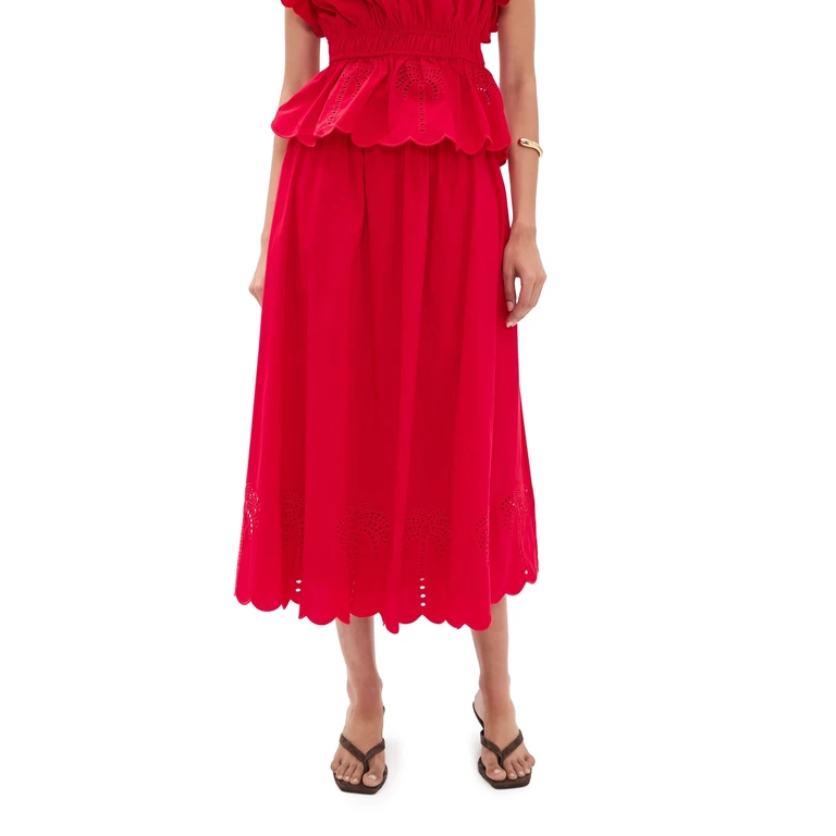 English Factory Embroidered High Waist Midi Skirt Red S