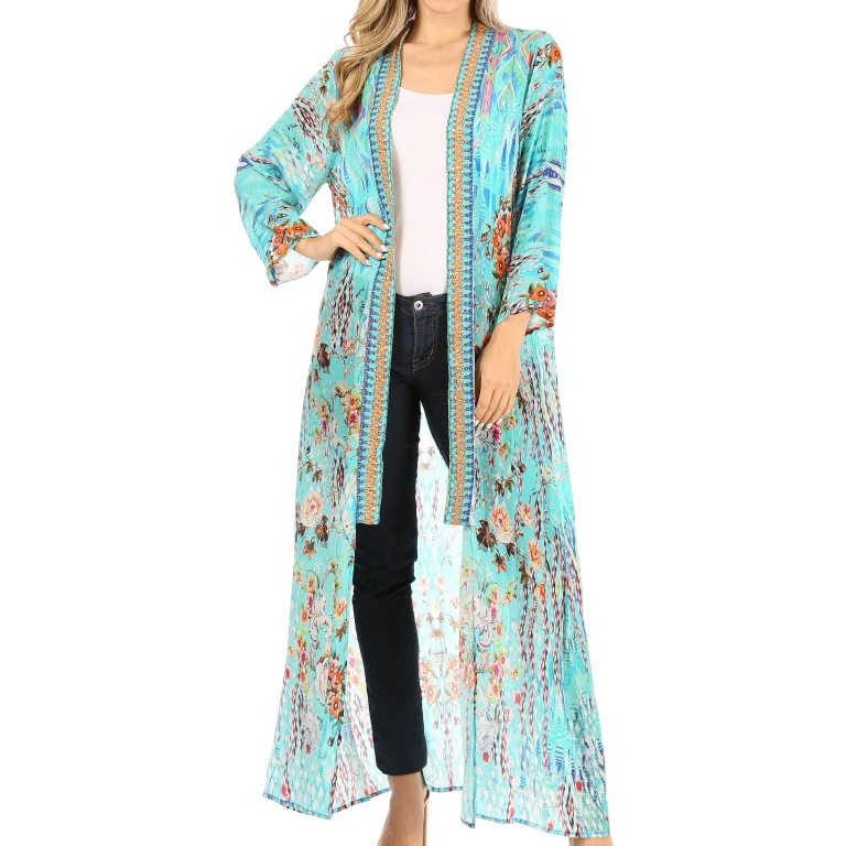 Sakkas Iona Women's Casual Boho Long Kimono Cardigan Open Front Floral Print Loose