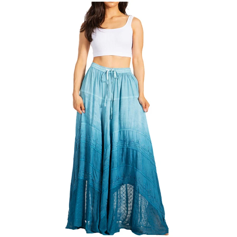 Sakkas Lyra Womens Bohemian Soft Brocade Rayon Tiered Embroidered Flowy Long Skirt