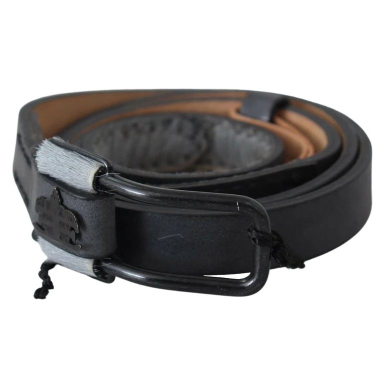 Black Leather Fringes Logo Buckle Belt - Women