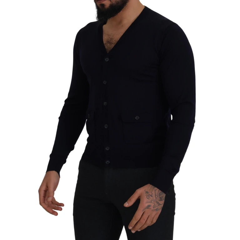 Dolce & Gabbana Blue Wool Staff Down Cardigan Sweater Virgin Clothing - Men