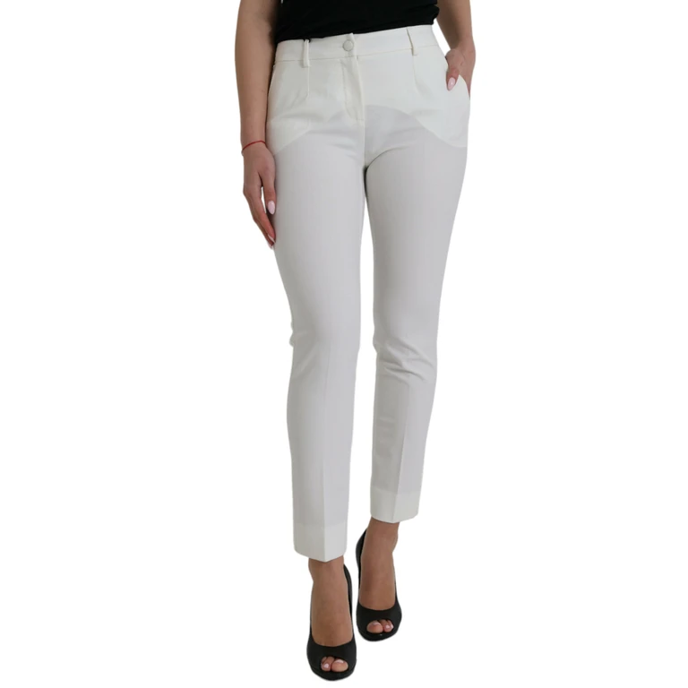 Dolce & Gabbana White Wool Mid Waist Tapered Pants Virgin Nylon Elastane - Women
