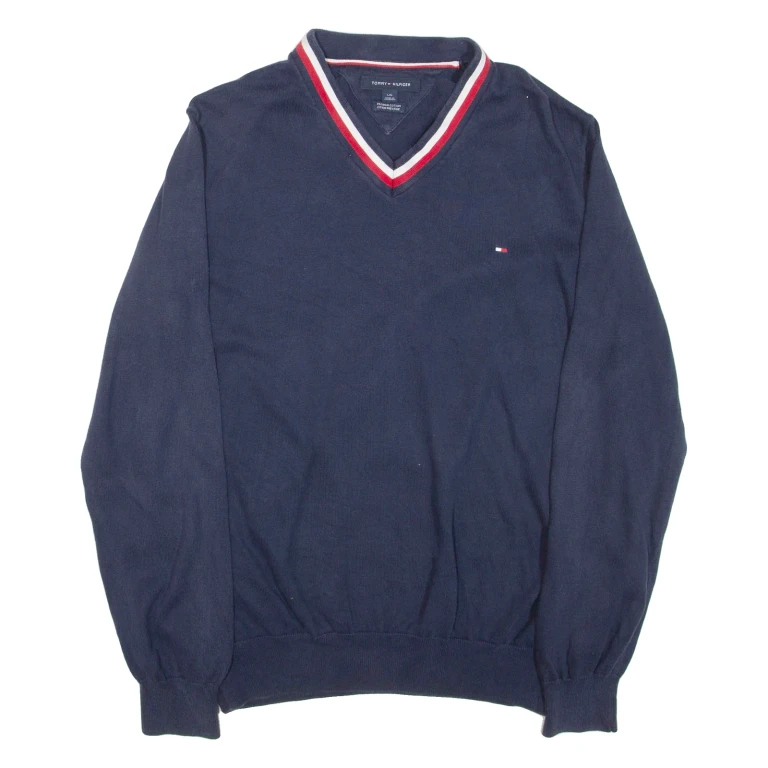 TOMMY HILFIGER Mens Jumper Blue V-Neck Tight Knit L