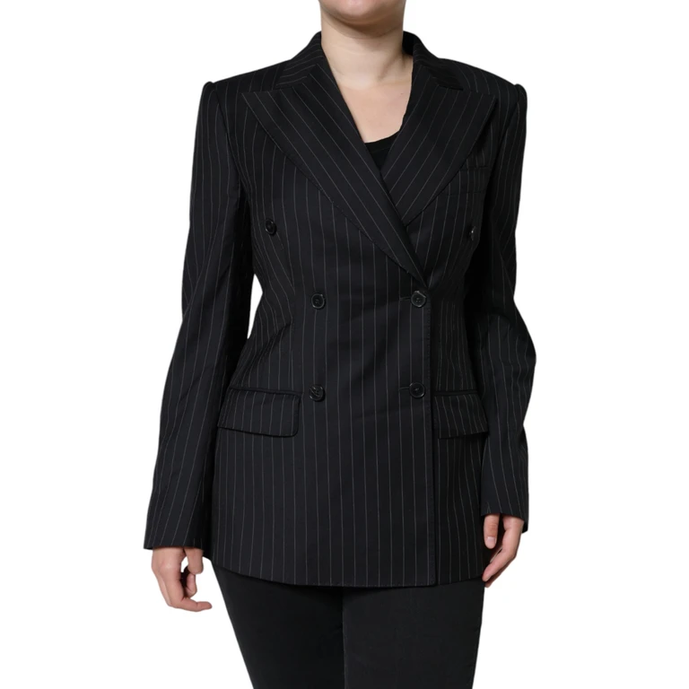 Dolce & Gabbana Black Striped Double Breasted Coat Jacket Virgin Wool Clothing - Women