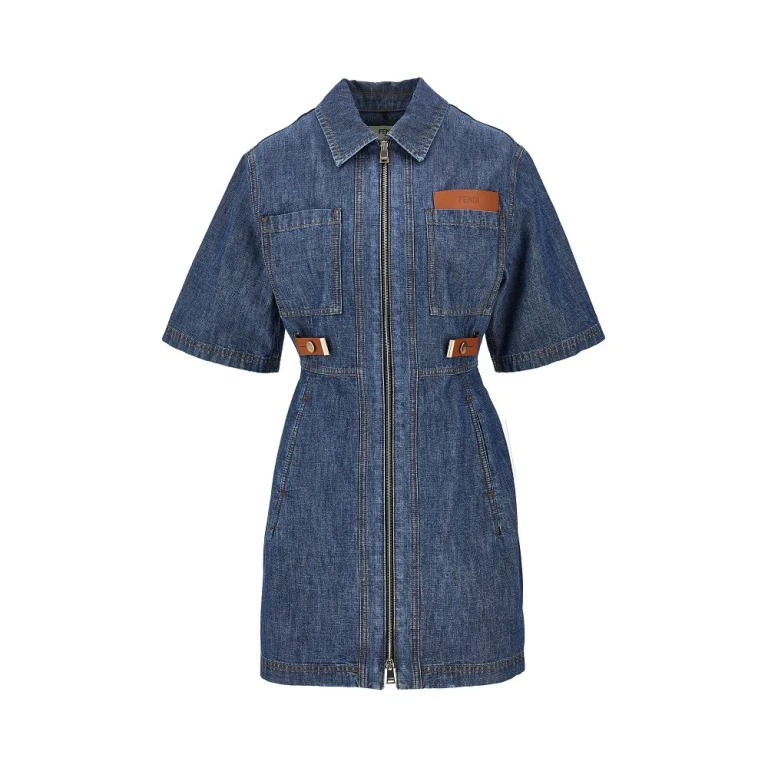 Chambray mini dress with leather details Woman 40