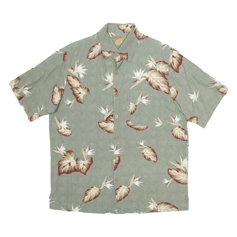 CARIBBEAN Mens Hawaiian Shirt Green Silk Floral M