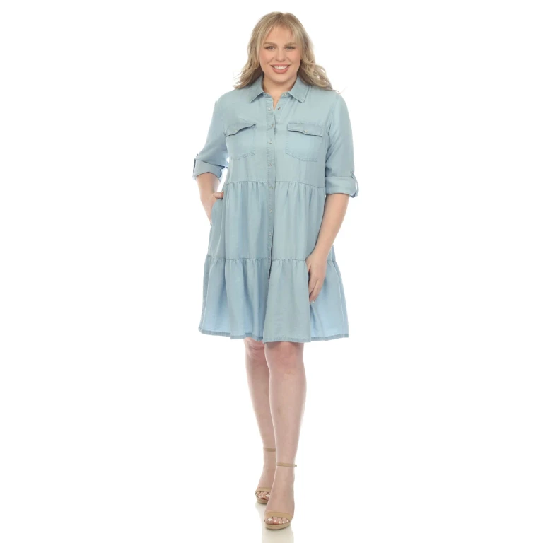 Women's Plus Size Long Sleeve Tiered Midi Shirt Dress